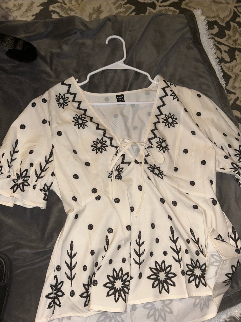 SHEIN White Peasant Blouse with Black Floral Embroidery